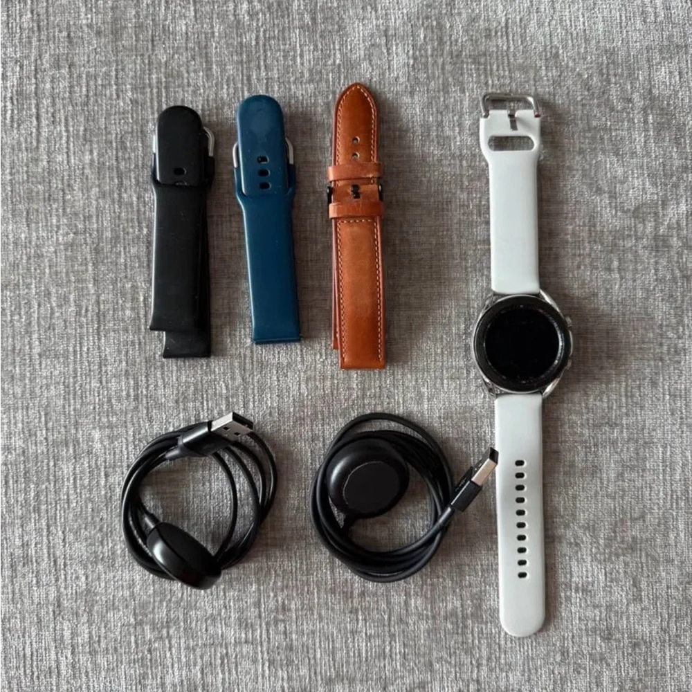 Samsung Smartwatch with Black, Blue, Brown, and White Bands